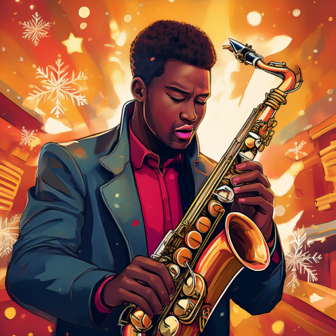 picture of a black cartoon saxophone player in distress with a winter backdrop